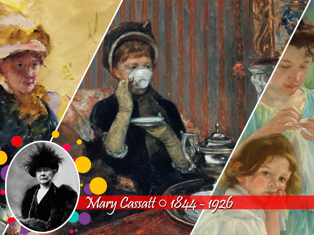 Colagem com obras de Mary Cassatt retratando mulheres e crianças em cenas íntimas do cotidiano, como mães com filhos, leitura e o ritual do chá. À esquerda, fotografia em preto e branco da artista identificada pelo nome e datas 1844 - 1926.