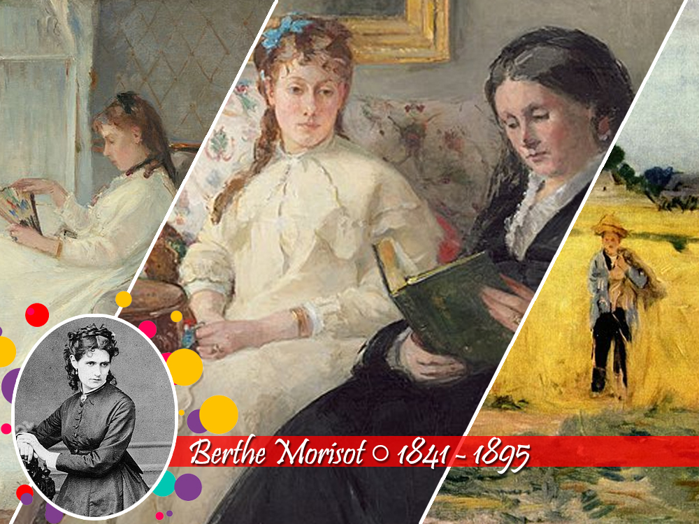 Colagem de pinturas de Berthe Morisot mostrando mulheres lendo, sentadas em ambientes domésticos e figuras femininas em paisagens. À esquerda, retrato fotográfico da artista com identificação do nome e datas 1842 - 1895.