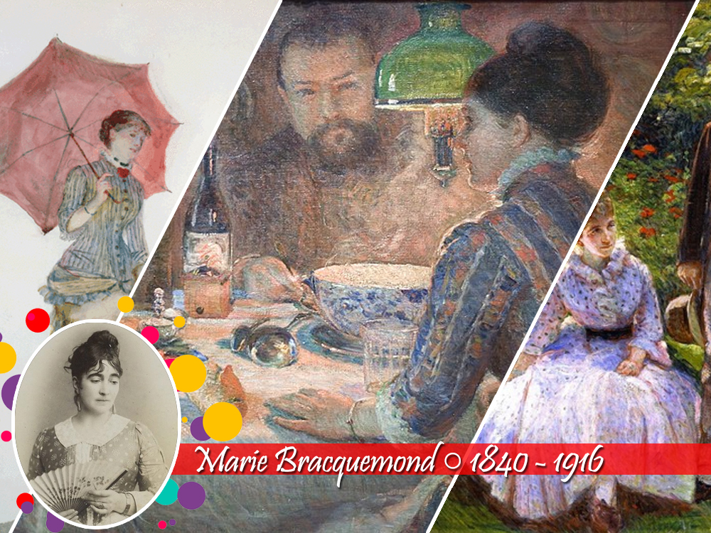 Colagem de obras de Marie Bracquemond com cenas de interior, figuras femininas à mesa, mulheres com sombrinhas e momentos cotidianos pintados em pinceladas impressionistas. À esquerda, fotografia da artista com nome e datas 1840 - 1916.