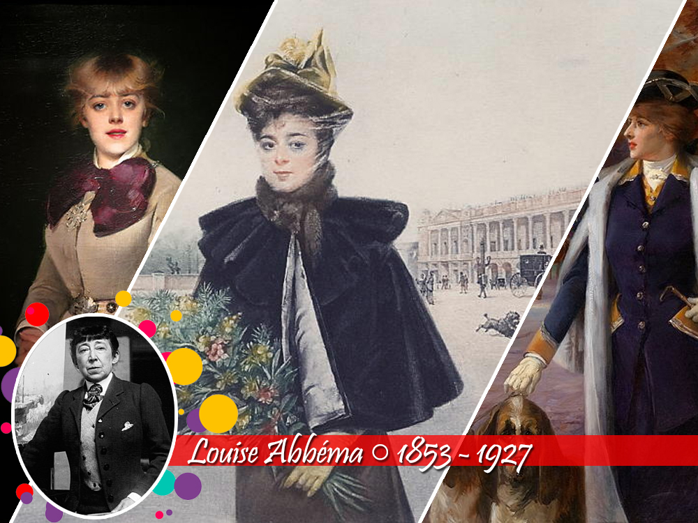 Colagem de obras de Louise Abbéma com retratos femininos elegantes, figuras em ambientes urbanos e cenas da vida moderna. À esquerda, fotografia da artista identificada com nome e datas 1853 - 1927.