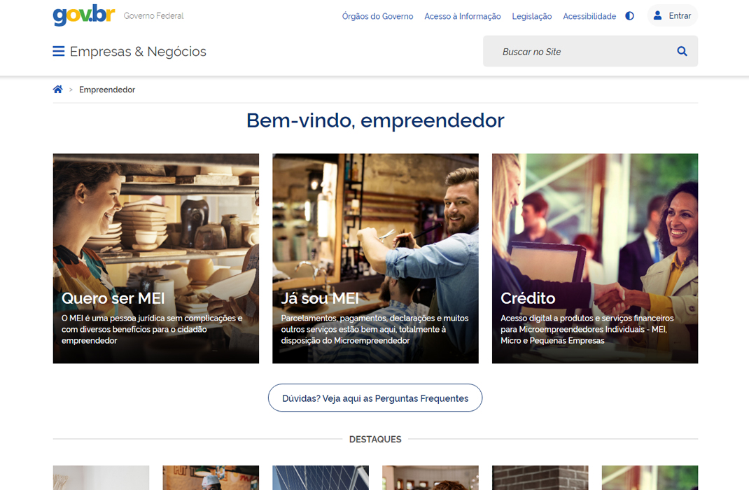 Abrindo MEI como Criador de Conteúdo: captura de tela do Portal do Empreendedor, página interna do site Empresas e Negócios pertencente ao Governo Federal. A tela é branca, com a logo do gov.br nas cores da bandeira nacional em cima e links na cor azul. Na tela, aparecem as opções 'Quero ser MEI', 'Já sou MEI' e 'Crédito'.