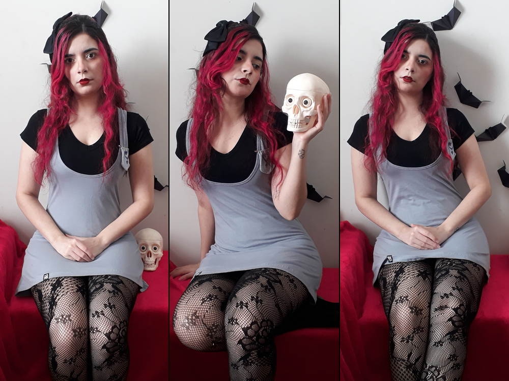 Lookbook: Isto É Halloween | Trio de fotos do look, composto de camiseta preta, vestido cavado cinza, meia calça rendada e sapatilha preta.