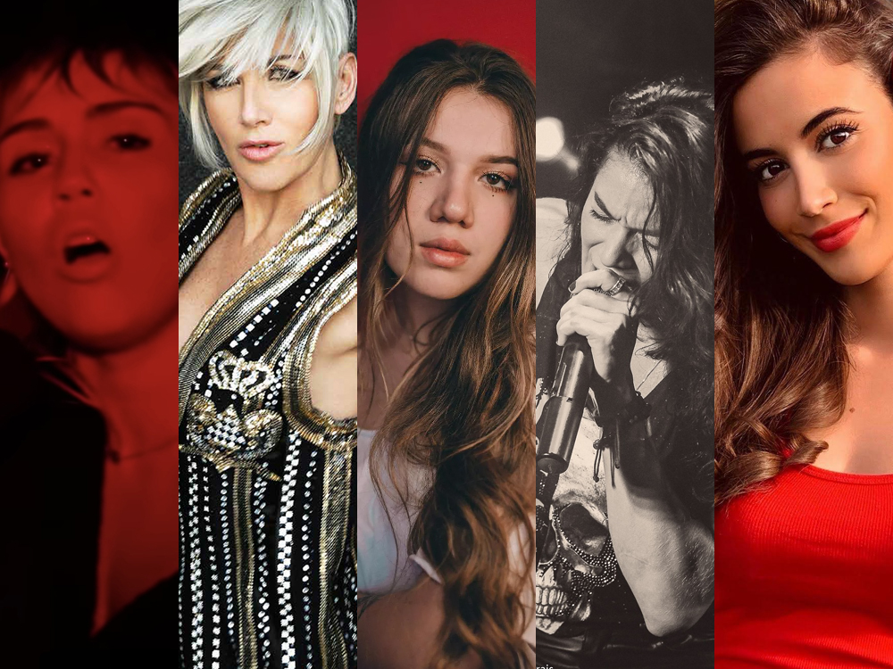 5 covers femininos de Wish You Were Here, do Pink Floyd: mosaico com fotos das artistas Miley Cyrus, Ana Torroja, Elana Dara, Allane Carvalho e Benedetta Caretta