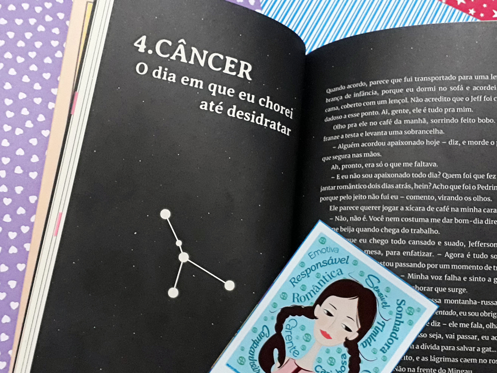 Inferno Astral: livro aberto na capa do capítulo 6, do Signo de Câncer, onde as páginas são pretas e a impressão branca, com a constelação do signo em baixo do título. Ao fundo, papéis coloridos e estampas variadas e, na frente, um ímã de geladeira do signo com uma ilustração de menina e características positivas do mesmo escritas ao seu redor.