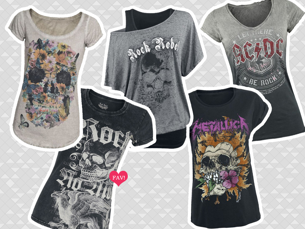 Roupas esportivas estilosas da Wayrates: exemplos de roupas esportivas casuais com temática de rock e caveiras, quatro T-shirts e uma camiseta larga com outra justa por baixo.