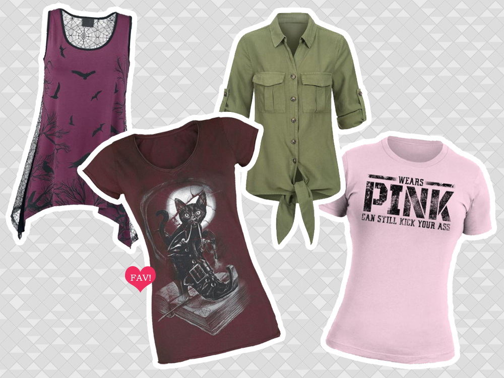 Roupas esportivas estilosas da Wayrates: uma camiseta, duas t-shirts e uma camisa de botões de temáticas variadas apropriadas para exercícios físicos.