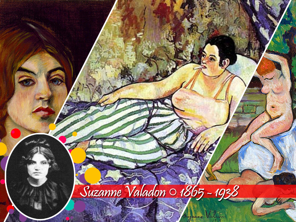 Três obras de Suzanne Valadon, todas retratando figuras femininas em diferentes cenários, com sua foto em preto e branco abaixo seguida do nome e anos de nascimento (1865) e morte (1938).