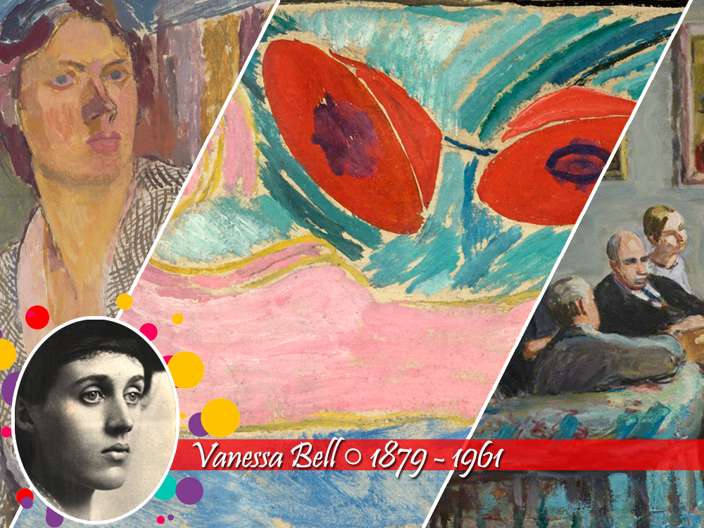 exemplo de três obras de vanessa Bell, a primeira um retrato, a segunda uma pintura abstrata e o terceiro representando várias pessoas em tons sóbrios. Abaixo, sua foto (em preto e branco ) e nome, seguido dos anos 1879 e 1961, de nascimento e morte, respectivamente!