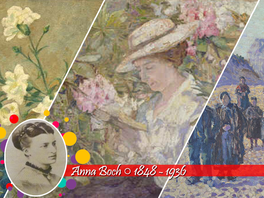 Trio de pinturas de tons suaves de Anna Boch, em tons pastéis que vão do sóbrio na primeira a cores frias na última). Sua foto está em tons de sépia e os anos correspondente ao nascimento e morte são 1848 e 1936.