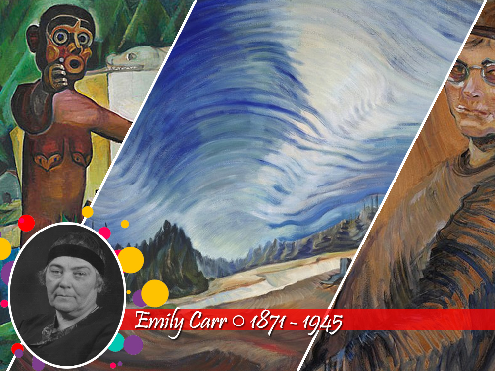 Obras de Emily Carr que possuem cores fortes e temas que vão da ícone indígena a um auto-retrato. Abaixo, sua foto em preto e branco é seguida do nome e dos anos de nascimento (1871) e morte (1945).