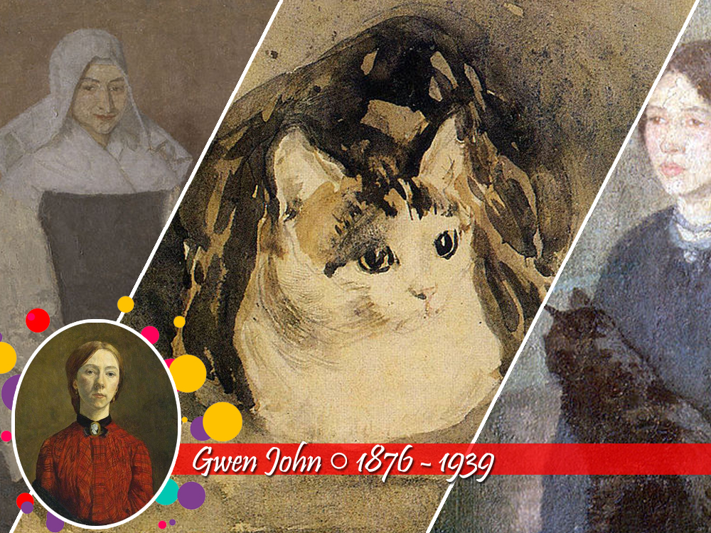 Obras pertencentes ao pós-impressionismo de Gwen John, sendo elas uma freira, um gato e uma mulher carregando um gato, todas em tons leves. Abaixo, um auto retrato da artista com vestido de cor forte e os anos 1876 e 1939, quando nasceu e faleceu, em seguida ao seu nome.