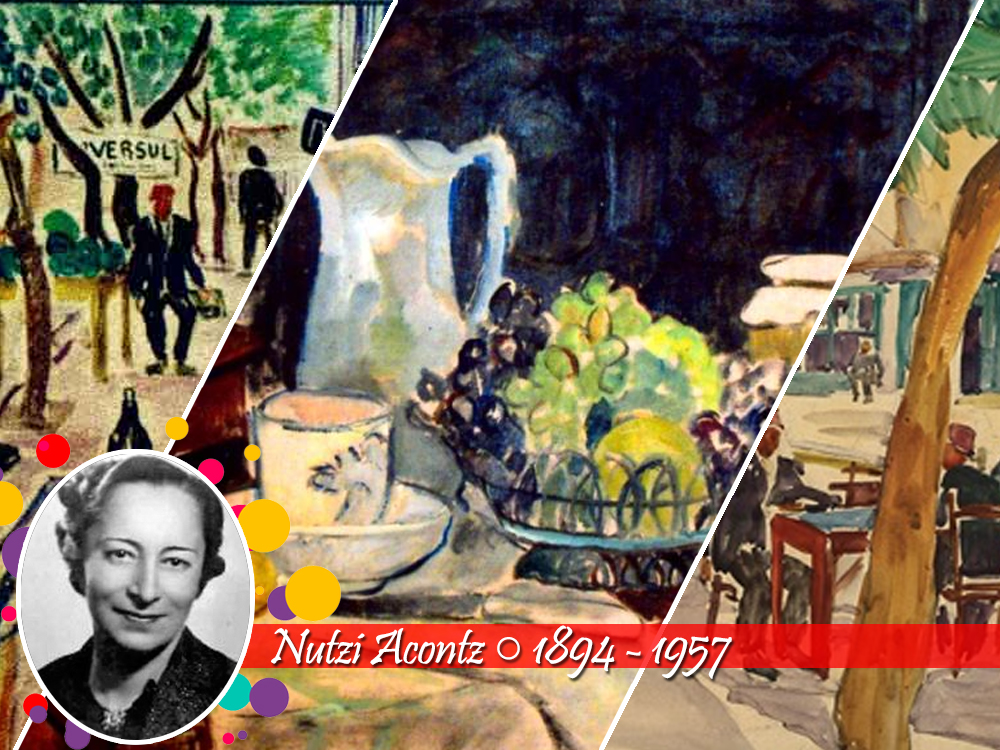 Representando o pós-impressionismo na Romênia, as obras exemplo de Nutzi Acontz t~em cores fortes e linhas bem definidas, representando duas paisagens nas extremidades da imagem e uma imagem de natureza morta no centro. Sua foto, abaixo, está em preto e branco, seguida do nome, ano de nascimento (1894) e de morte (1957).