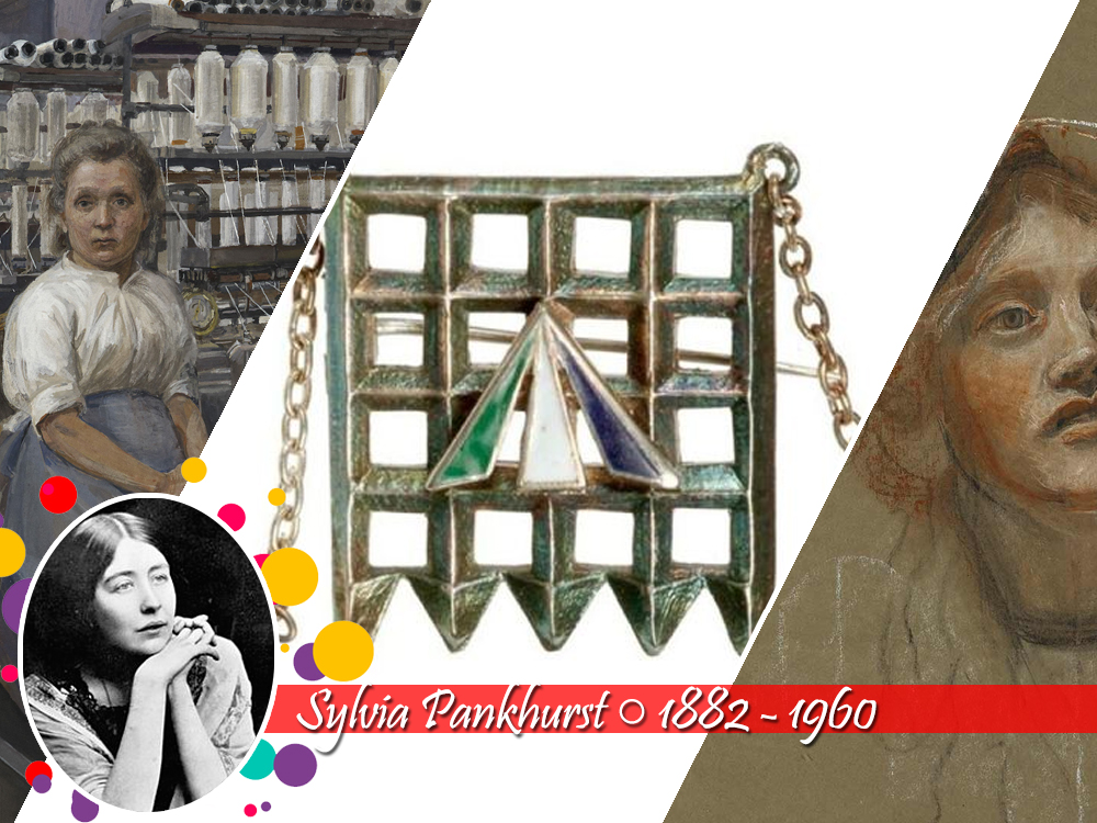 Exemplos de obras de Sylvia Pankhurst, sendo a primeira uma pintura retratando uma operária de fábrica, a segunda um broche do movimento Sufragista e a terceira um desenho de uma mulher com linhas leves). Na foto, abaixo, Sylvia aparece com o rosto apoiado nas mãos, em preto e branco, e ao lado dele está seu nome e os anos 1882 e 1960, de nascimento e morte respectivamente.