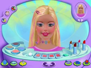 Captura de tela do jogo Maquiagem Virtual da Barbie, uma tela onde há uma bandeja de maquiagem na frente e a personagem Barbie como modelo para a brincadeira.