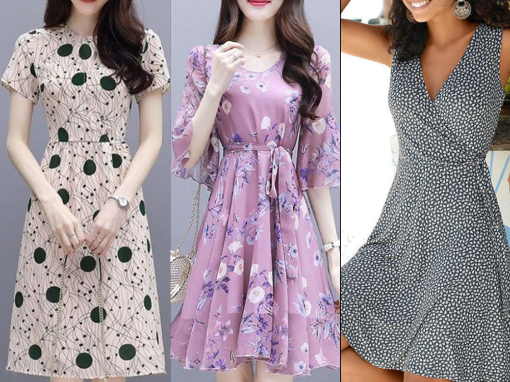 Mosaico com três vestidos que batem na altura do joelho e são bastante marcados na cintura: o primeiro em tom claro com estampa de bolinhas, o segundo rosa claro bem feminino com estampa floral e o terceiro com mangas de alcinha, bem veranil, com estampa mesclada de cinza e branco.