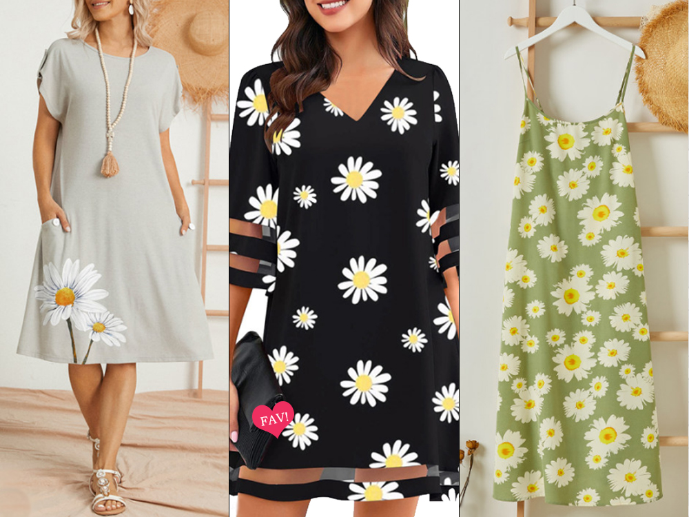 Mosaico com três vestidos, todos com estampas de margaridas: o primeiro de cor clara e modelagem solta, com a flor na barra, o segundo de cor escura e manga na altura dos cotovelos com várias flores espalhadas pelo corpo e o terceiro em tom frio, sem mangas e com estampa de flores bem concentradas. Há um coração sobre o segundo onde se lê a palavra ''FAV!''.