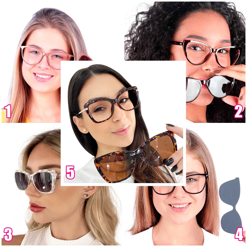 Mosaico contendo cinco óculos de grau 2 em 1, que vem com um encaixe de óculo de Sol por cima. A descrição visual dos modelos está abaixo, no corpo do post.
