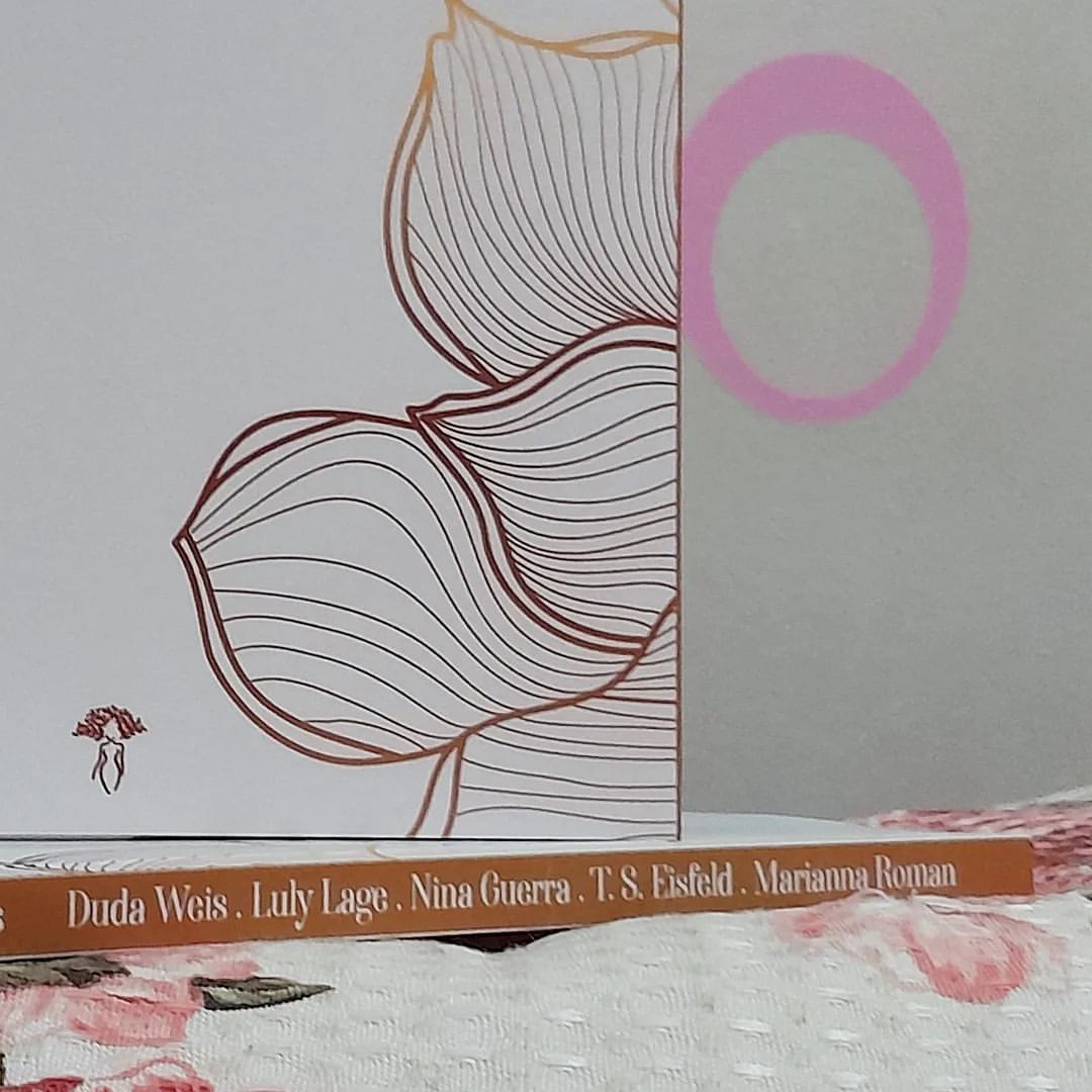 Detalhe da lombada do livro, dourada, com os nomes das cinco autoras no mesmo tom claro da capa.