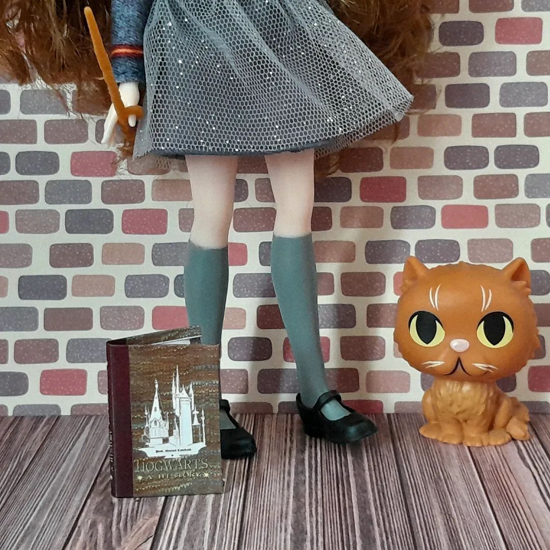 Foto em close dos pés da usando, usando sapatinhos pretos e meias cinzas. Ao lado dela há miniaturas do gato Bichento e do livro Hogwarts, uma história