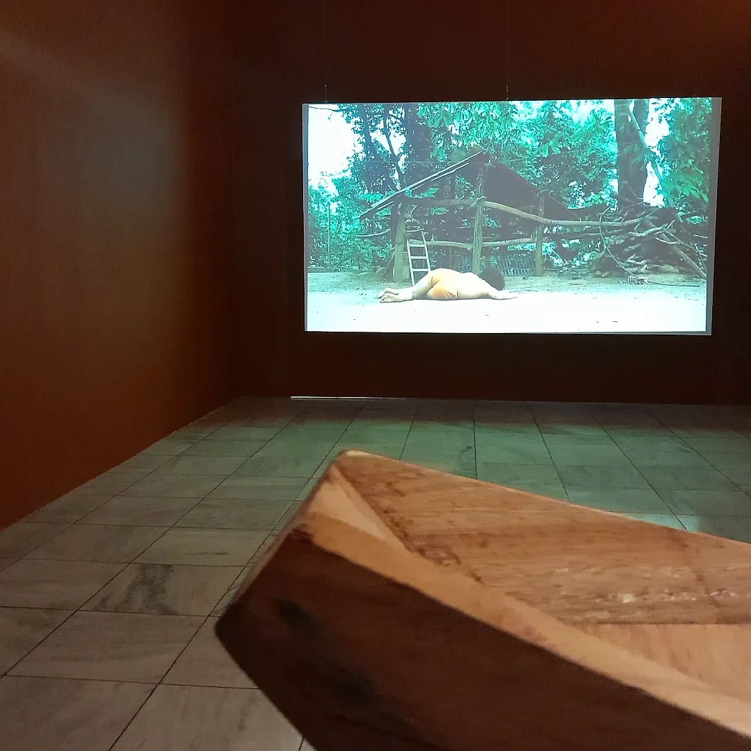 Em primeiro plano, desfocado, há a ponta de uma embarcação de madeira. Ao fundo, em foco, há um vídeo projetado em telão onde davi de jesus do nascimento, o artista, um homem negro de cabelos cacheados, se encontra deitado ao chão, vestindo apenas um calção amarelo, em frente a uma construção de madeira.