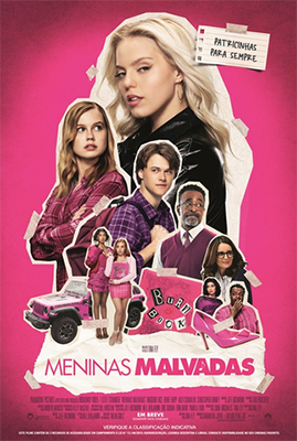 Poster do filme Meninas Malvadas, de 2024, onde as personagens principais estão dispostas em ordem hierárquica sobre um fundo cor de rosa