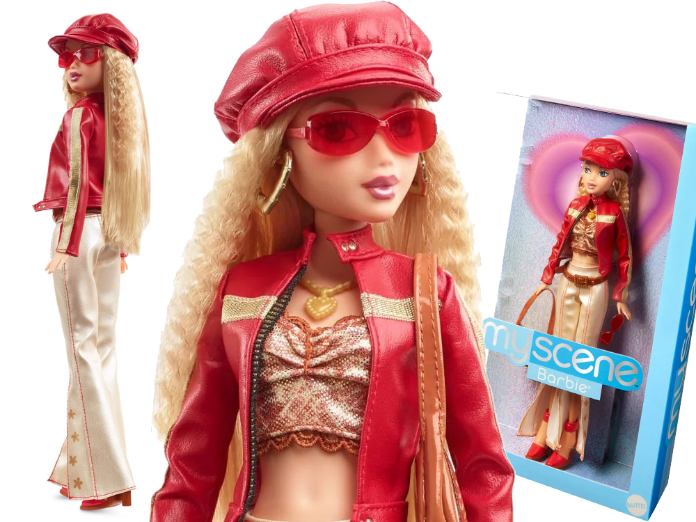 Boneca Barbie: tem a pele clara e os cabelos loiros loiros frisados, bem compridos. Veste um top rosê, calça brilhosa aberta na frente de cor creme, jaqueta vermelha e sandália de plataforma da mesma cor. Usa óculos escuros vermelhos e boina da mesma cor.