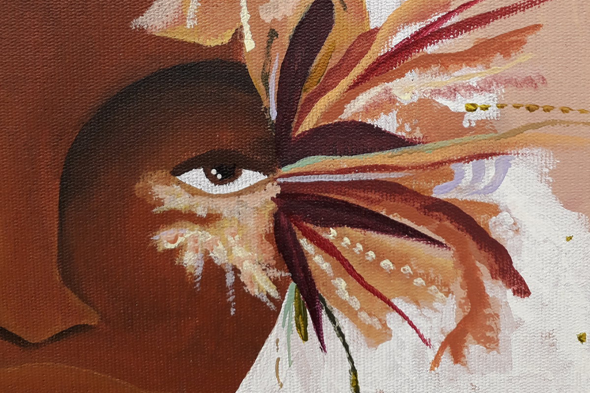 Detalhe do rosto cercado de flores da pintura Hoje mesmo eu floresci