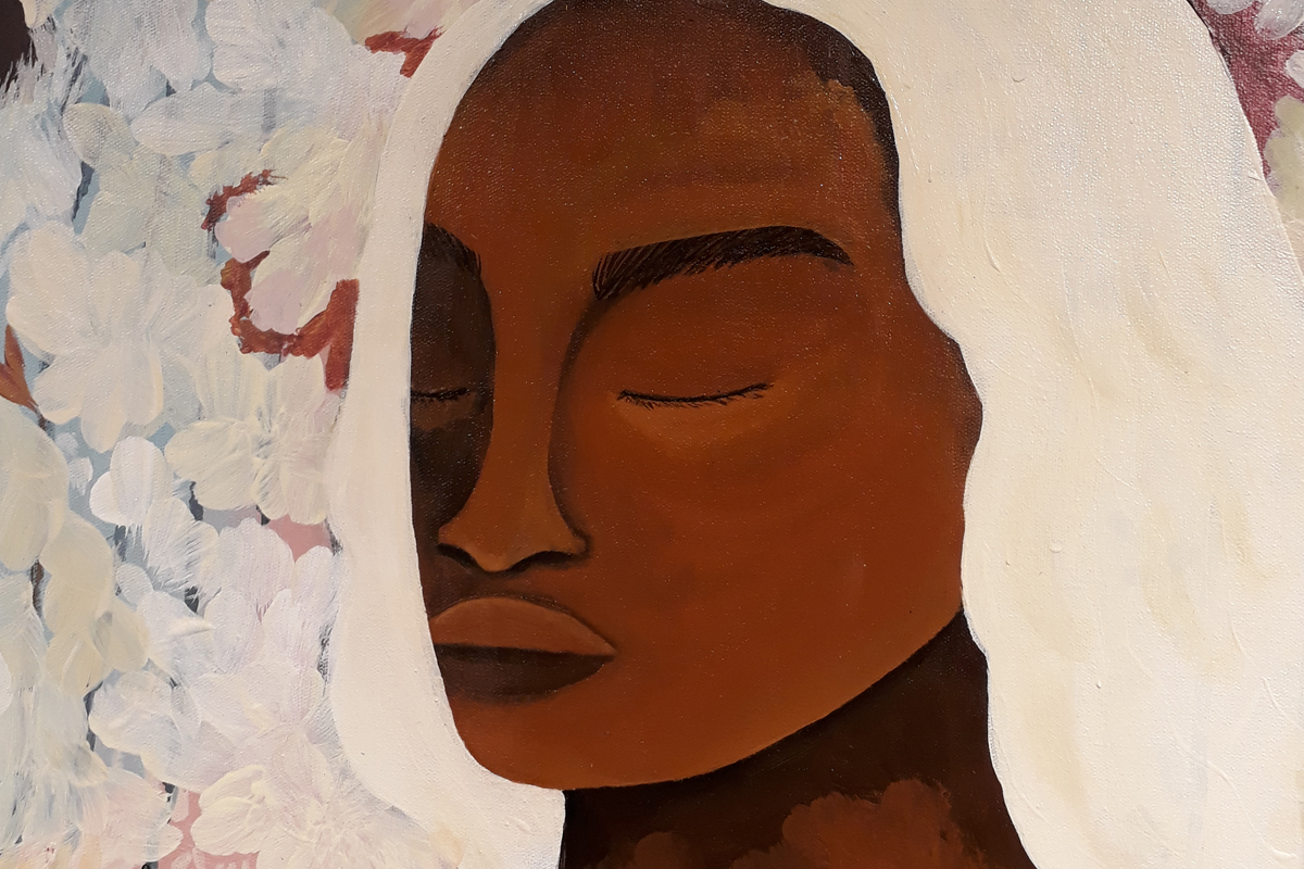 Enfoque no rosto da mulher da pintura A sagrada sabedoria que transmuta os sonhos ou Formas de manter o equilíbrio, enquanto eu brinco de viver