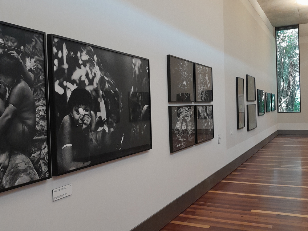 Parede da exposição onde se vê, em primeiro plano, duas fotografias em preto e branco, ao centro quatro fotografias coloridas e, ao fundo, outros conjuntos de obras.