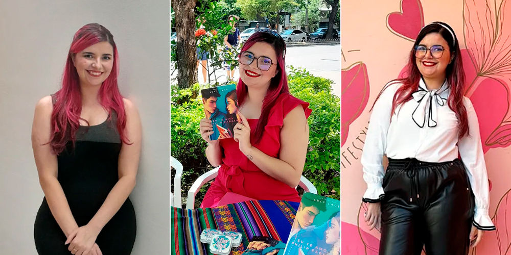 Três fotos de Luly Lage, uma mulher de pele clara, cabelos cor de rosa, óculos de grau e batom vermelho. Na primeira, diante de uma parede branca usando um vestido preto. Na segunda, de roupa rosa segurando seu livro Eu te amo, Philip Parker. Na terceira, diante de uma parede rosa, veste blusa branca com gola de laço e calça preta.