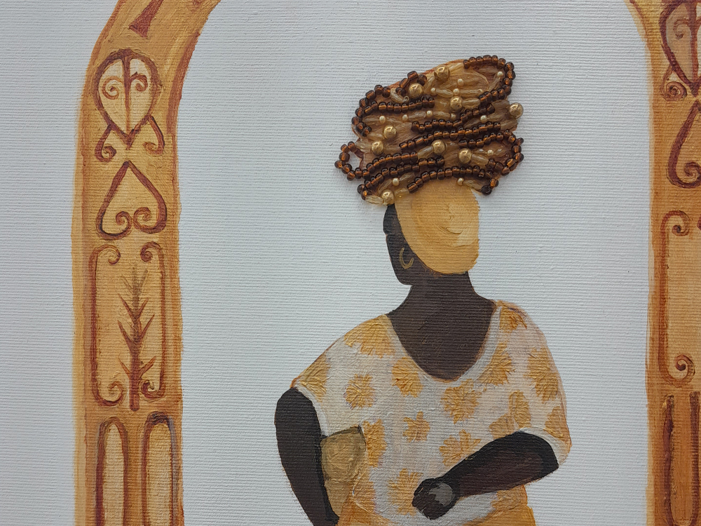 Detalhe de uma pintura da mesma série das duas retratadas acima, mostrando uma mulher dentro de um portal oval com uma trouxa na cabeça, com detalhes em miçangas.