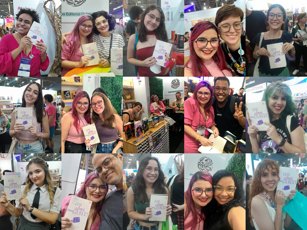 Mosaico composto por dezesseis fotografias tiradas durante o lançamento do livro, todas mostrando diferentes pessoas sorrindo e segurando um exemplar do livro. Em algumas imagens, aparece Luly com cabelos rosa e roupas em tons de rosa, ao lado dos leitores. As pessoas nas fotos estão felizes e seguram o livro com a capa virada para a câmera. Há uma grande diversidade entre os leitores, com diferentes estilos, roupas e expressões.