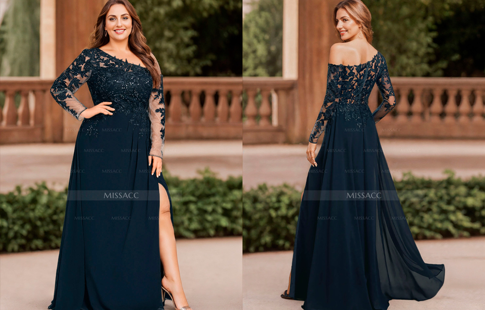 Woan wearing long one sleev black lace dress