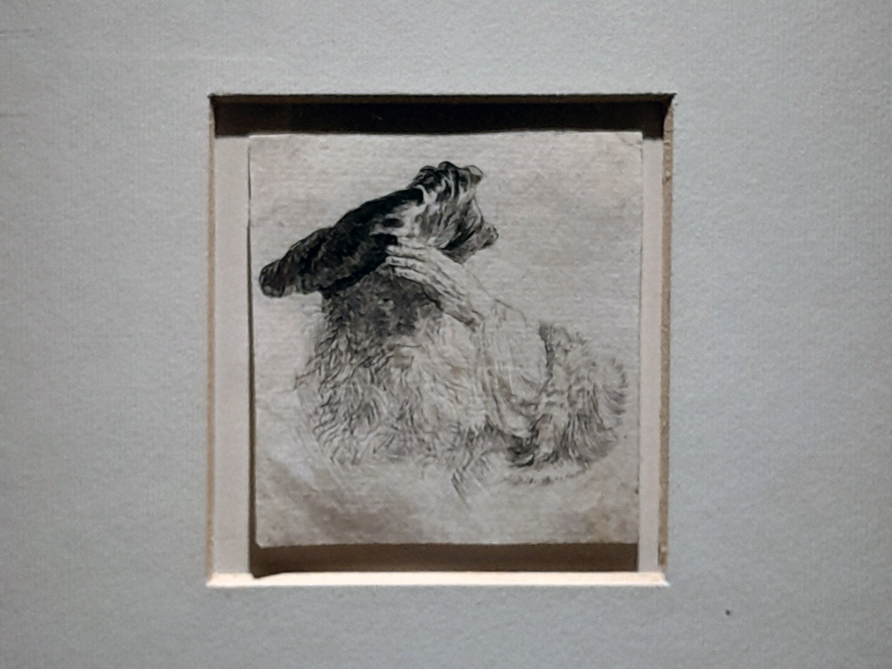 Gravura de Rembrandt em formato pequeno, instalada em uma cavidade de passe partout, representando uma figura sentada em posição introspectiva; cobrindo a parte de cima do rosto com a mão, formando uma sombra sobre os olhos, evidenciando a delicadeza e precisão do traço.