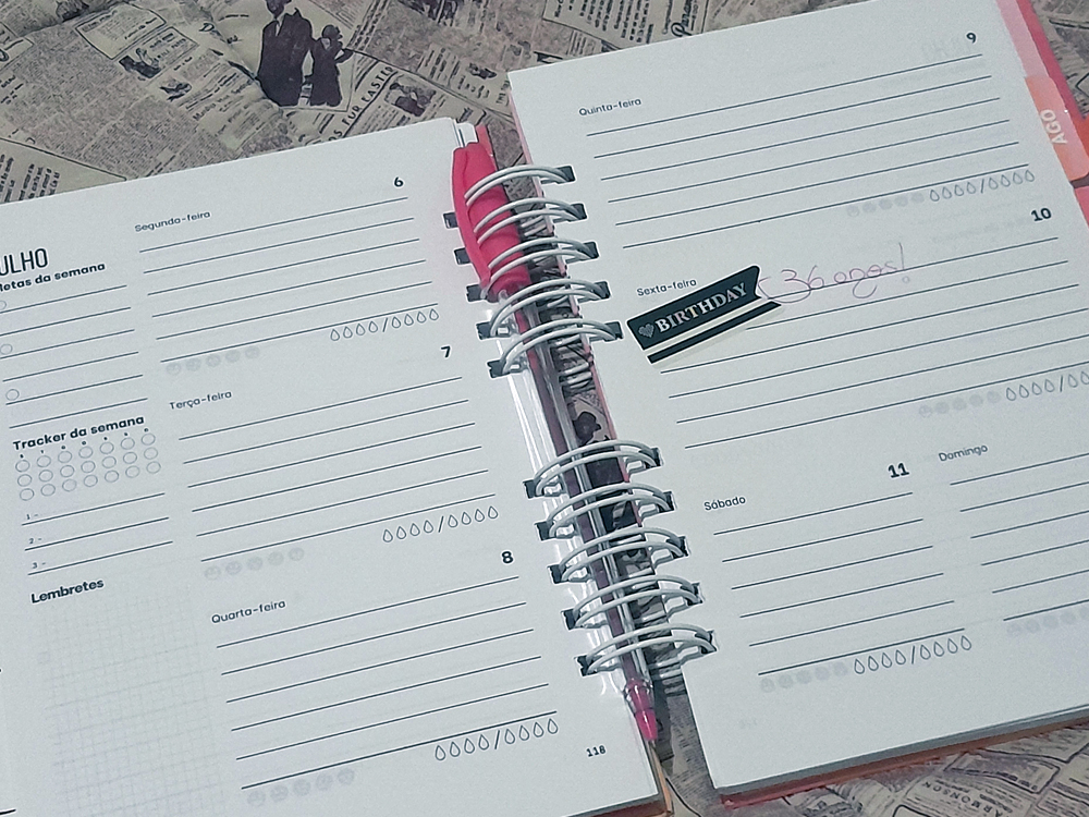 Visão semanal do planner do Entre Cartas e Amores aberto, com colunas para os dias da semana, tracker de hábitos, espaço para lembretes e um adesivo marcando aniversário, com caneta rosa encaixada na espiral central.