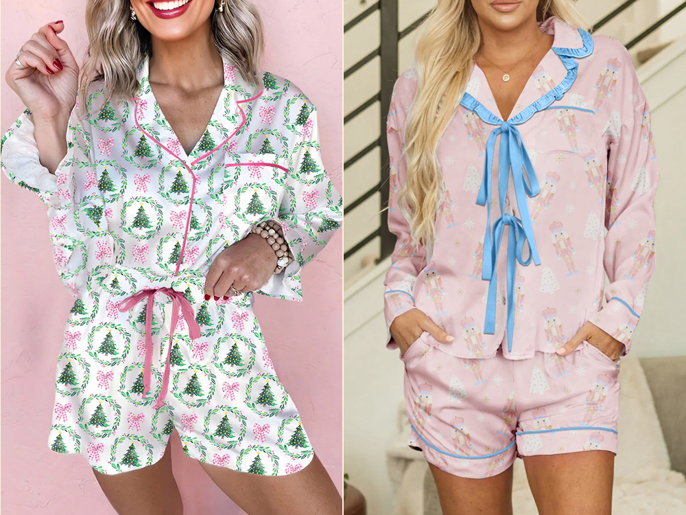 Imagem de duas mulheres usando pijamas de natal e de decoração com estilos confortáveis e elegantes, perfeitos para dias de descanso.