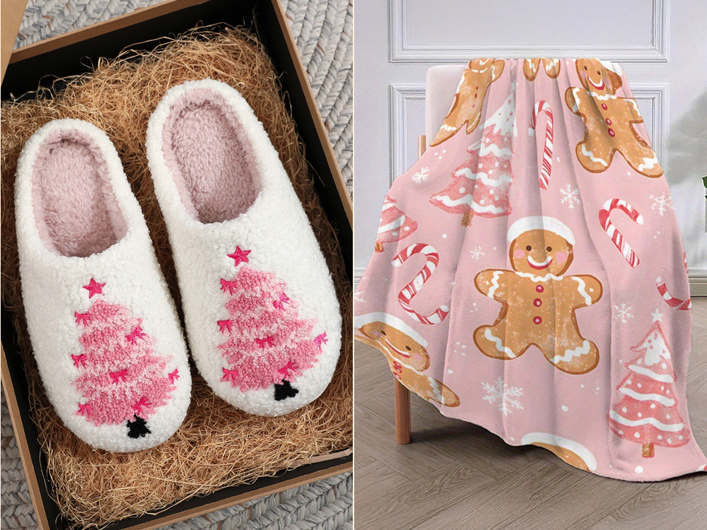 Chinelos de casa de pelúcia com tema de Natal, decorados com árvores de Natal de tricô e estrelas, perfeitos para o inverno e ocasiões festivas, e coberta com a mesma temática rosa claro, ambos da loja Dear Lover