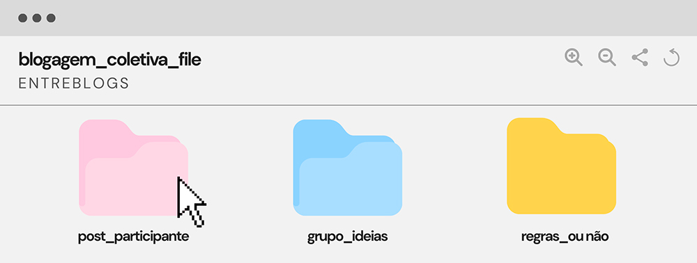 Banner com layout de interface de computador em tons claros. Na parte superior, aparece um cabeçalho cinza com o título 'blogagem_coletiva_file' e, logo abaixo, o subtítulo 'ENTREBLOGS'. Abaixo do cabeçalho, há um trio de pastas digitais ilustradas, lado a lado: uma pasta rosa com o nome “post_participante”, uma pasta azul com o nome “grupo_ideias” e uma pasta amarela com o nome “regras_ou não”. Um cursor grande, em formato de seta, está posicionado sobre a pasta rosa.