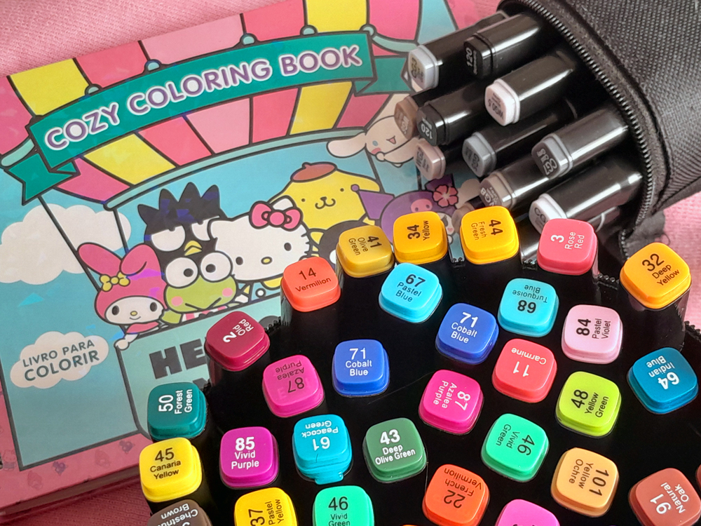 Estojo aberto exibindo um conjunto de canetas marcadoras coloridas organizadas por cores, com tampas numeradas. Ao fundo, um livro de colorir com personagens da Hello Kitty aparece parcialmente visível.