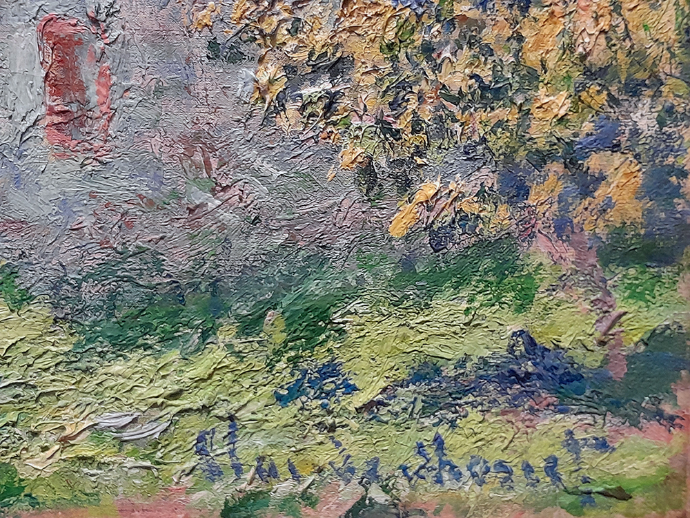 Detalhe ampliado da obra anterior, focando na textura espessa da tinta e nas pinceladas sobrepostas em tons de verde, azul, amarelo e rosa. O close evidencia o empaste, a materialidade da pintura a óleo, destacando a construção da paisagem marinha presente na obra mostrada na imagem anterior, e a assinatura do artista.