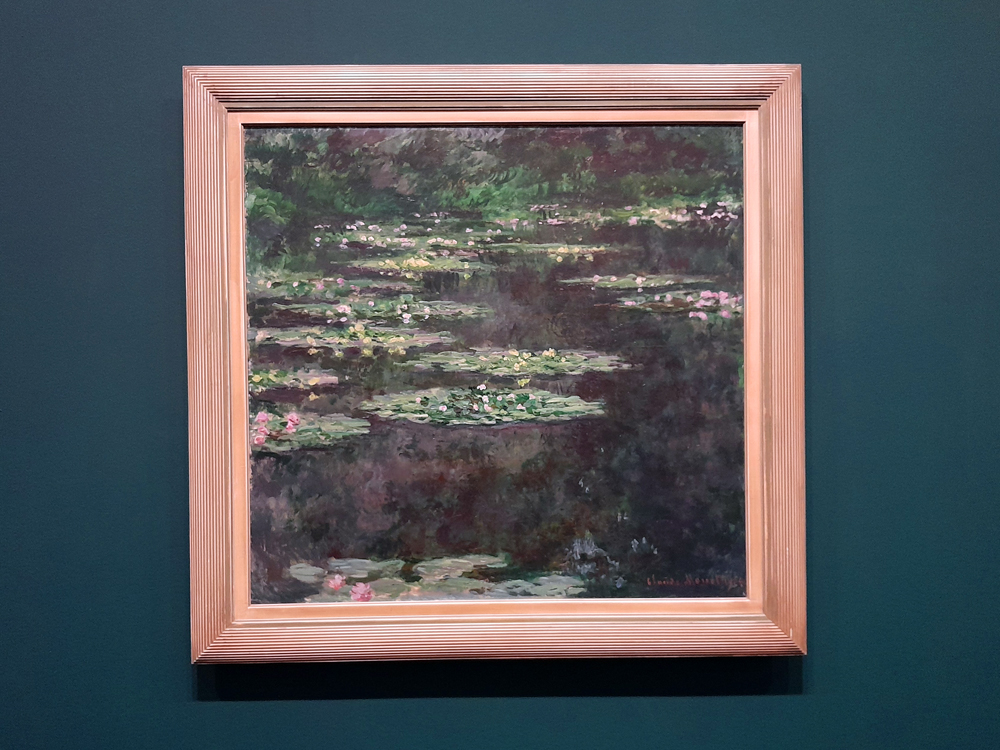 Obra da série das Ninfeias, mostrando a superfície de um lago coberta por folhas verdes e flores rosadas de vitória-régia. A composição é horizontal, com pinceladas soltas e sobrepostas que criam profundidade e reflexos escuros da água. A obra está em moldura simples de madeira clara, exposta em parede verde-escura.