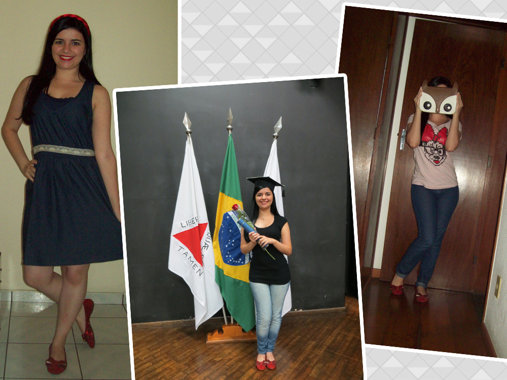 Colagem com três fotos de uma jovem usando sapatilhas vermelhas com brilho: em um vestido escuro posando para foto, em sua formatura segurando diploma diante de bandeiras e usando os mesmos sapatos, e em casa usando jeans e camiseta enquanto segura uma câmera em frente ao rosto.