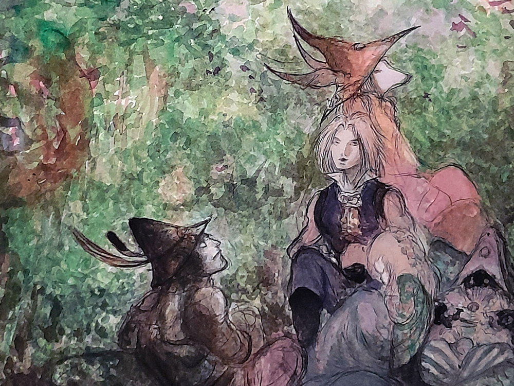 Detalhe de ilustração de mostrando personagens de aparência fantástica em meio a uma floresta, com traços soltos, cores esverdeadas e atmosfera de conto de fadas.