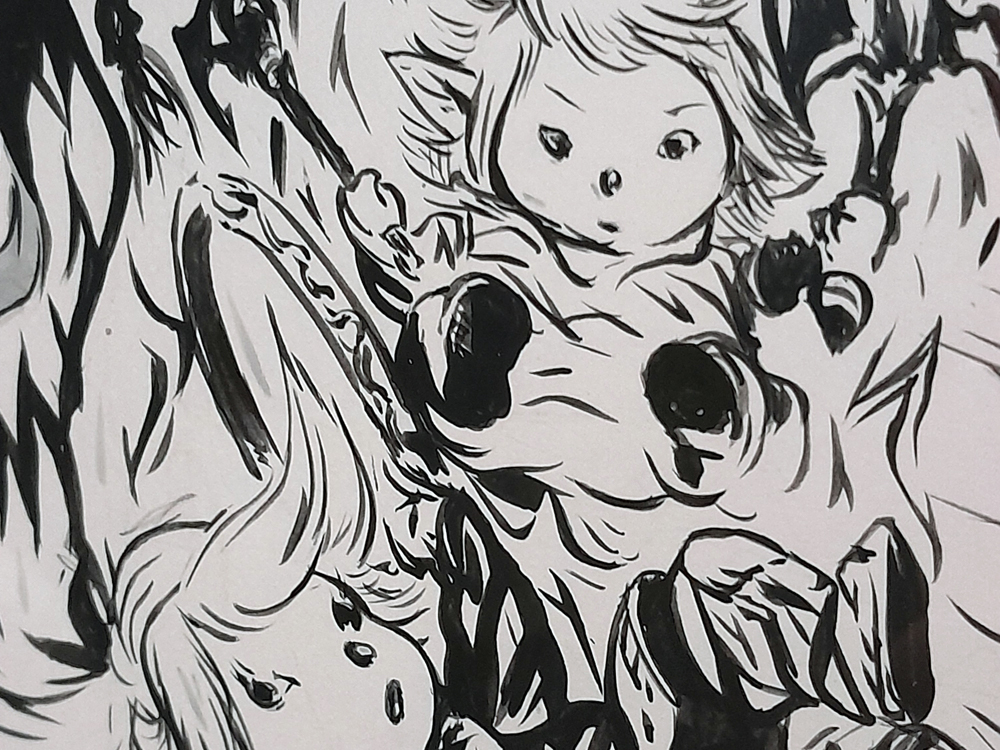 Ilustração em preto e branco com personagens infantis estilizados, traços expressivos em tinta e composição dinâmicaH.