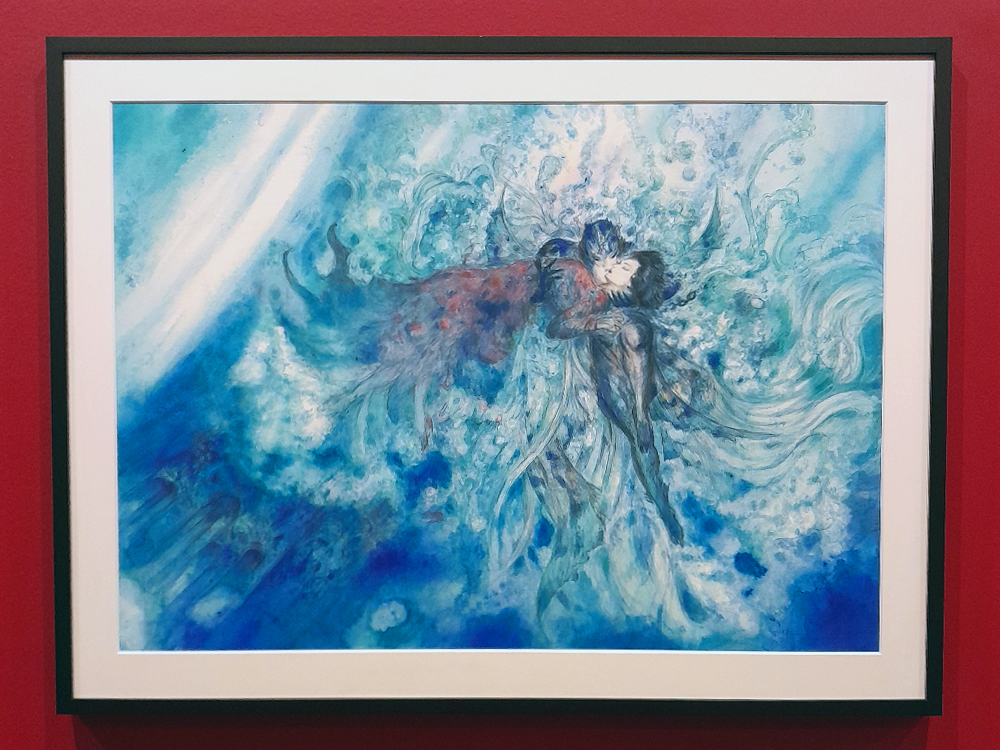 Obra em tons de azul, com duas figuras humanas flutuando em meio a formas aquáticas e pinceladas etéreas, exposta na mostra do artista no CCBB Belo Horizonte.