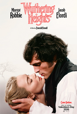Pôster do filme Wuthering Heights (O Morro dos Ventos Uivantes), dirigido por Emerald Fennell, com Margot Robbie e Jacob Elordi. O casal aparece em um close romântico: ele segura o rosto dela enquanto inclina-se para beijá-la. O fundo é neutro e claro, destacando o contraste entre os figurinos de época e a atmosfera dramática. O título surge em tipografia vermelha estilizada na parte superior do cartaz.