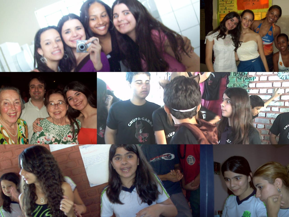 Mosaico de fotos antigas mostrando momentos escolares de adolescentes nos anos 2000, incluindo selfies, registros em grupo, atividades em sala e encontros com amigos.