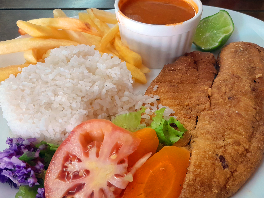 Prato de comida feito com arroz branco, batata frita, filés de tilápia empanados, salada com tomate, cenoura e repolho roxo, acompanhado de feijão e limão.