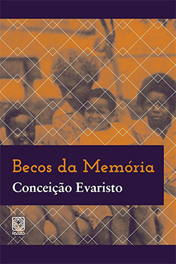Capa do livro Becos da Memória onde uma fotografia de quatro pessoas negras se apresenta em tons de laranja, com padrão geométrico sobreposto