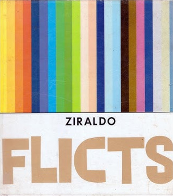 Capa do livro Flicts, de Ziraldo. Na parte superior, faixas verticais em diversas cores ocupam quase metade da composição. Abaixo, sobre fundo branco, aparecem o nome do autor e o título em letras grandes na cor bege, tom associado ao personagem-cor que dá nome à obra.